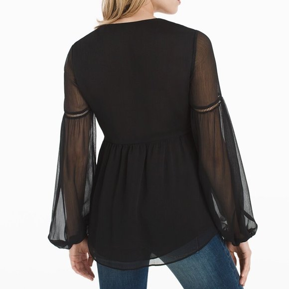 WHBM GORGEOUS! Floral Embroidered Blouse Black Translucent Sleeves 14 - Picture 4 of 9